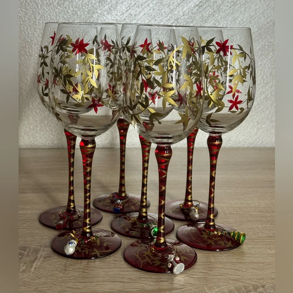 Pier 1 Hand Painted Floral Designs Gold Leaf Glass Water Goblet Set of 7 Glasses